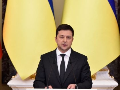 Ukrainian President Volodymyr Zelensky attends a joint press conference with his counterparts from Lithuania and Poland following their talks in Kyiv on February 23, 2022. (Photo by SERGEI SUPINSKY / AFP) (Photo by SERGEI SUPINSKY/AFP via Getty Images)