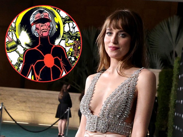 (INSET: Spider-Man character "Madame Web") Dakota Johnson, wearing Gucci, attends the 10th
