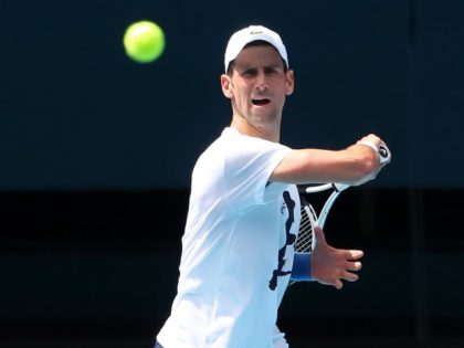 MELBOURNE, AUSTRALIA - JANUARY 11: Novak Djokovic of Serbia practices on Rod Laver Arena a