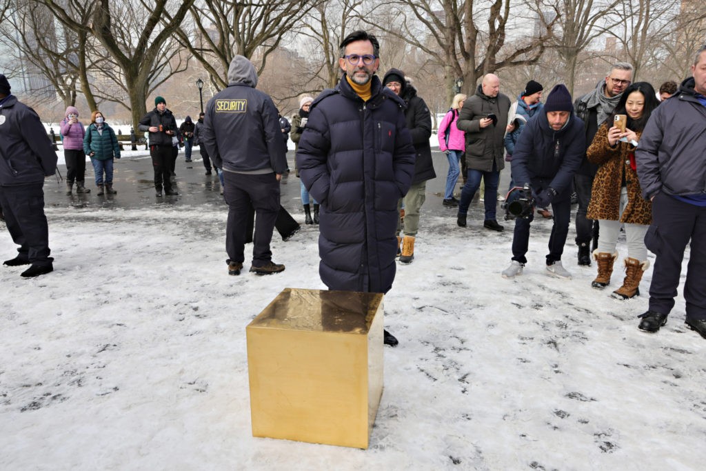 Artist Niclas Castello unveils his new piece "The Castello CUBE", an artwork made of pure 24-carat, 999.9 fine gold in Central Park on February 02, 2022 in New York City. (Photo by Cindy Ord/Getty Images)