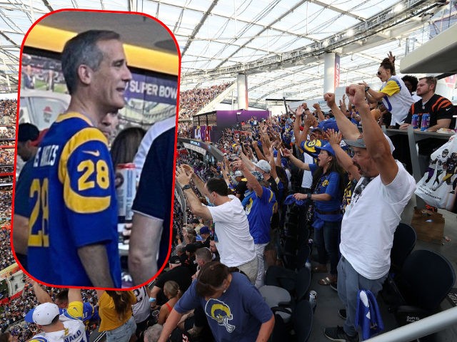(INSET: Eric Garcetti) Fans cheer during Super Bowl LVI between the Los Angeles Rams and t