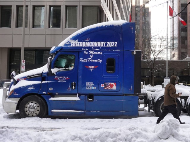 OTTAWA, ONTARIO - FEBRUARY 19: A truck sits on the street near Parliament Hill, one of the