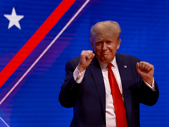 Former U.S. President Donald Trump gestures during the Conservative Political Action Conference (CPAC) at The Rosen Shingle Creek on February 26, 2022 in Orlando, Florida. CPAC, which began in 1974, is an annual political conference attended by conservative activists and elected officials. (Photo by Joe Raedle/Getty Images)