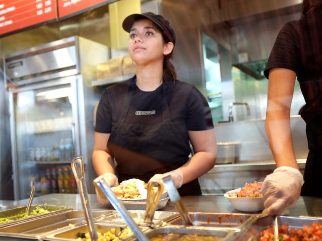 MIAMI, FL - MARCH 05: A restaurant worker fills an order at a Chipotle restaurant on Marc