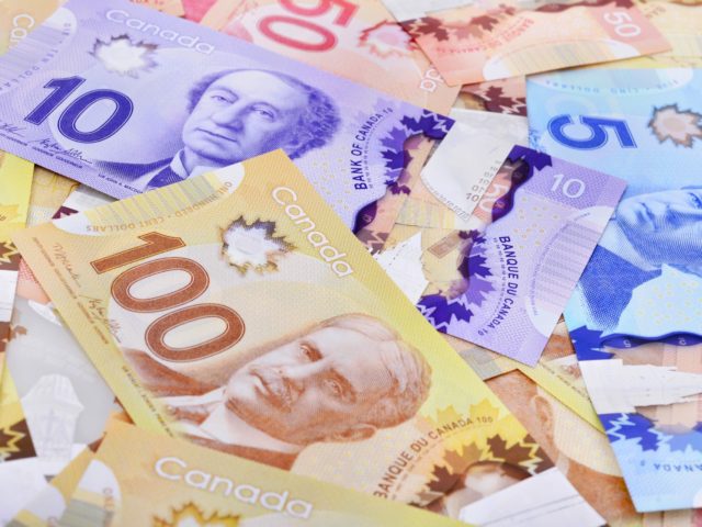 Close up of Canadian banknotes (CAD) background, this is polymer money with holograms that