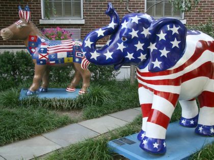 The symbols of the Democratic(L) (donkey) and Republican (elephant) parties are seen on display in Washington, DC on August 25, 2008. The Democratic National Convention kicks off Monday in Denver Colorado followed by the Republican National Convention next week in St. Paul, Minnesota.