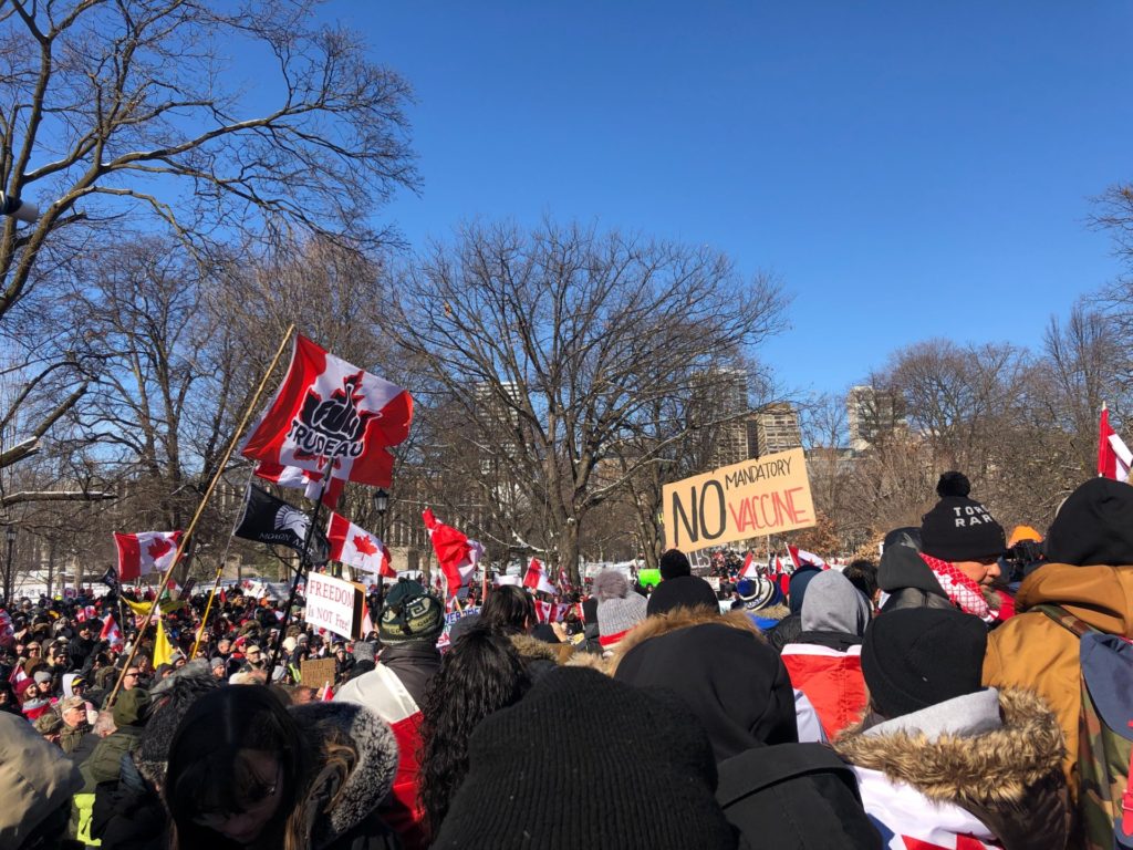 Protesters gather peacefully near the Queen's Park legislature on Saturday afternoon (Chris Tomlinson/Breitbart News)