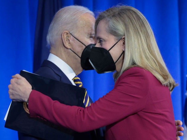 President Joe Biden greets Rep. Abigail Spanberger (D-VA) before speaking during an event at Germanna Community College February 10, 2022 in Culpeper. Virginia.