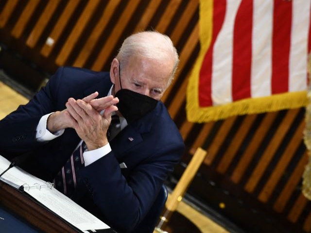 US President Joe Biden listens during a Gun Violence Strategies Partnership meeting at the New York Police Department Headquarters in New York on February 3, 2022. (Photo by Brendan Smialowski/AFP via Getty Images)