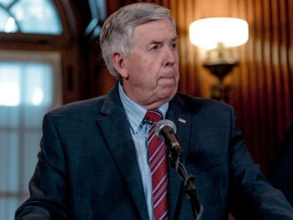 Gov. Mike Parson listens to a media question during a press conference to discuss the status of license renewal for the St. Louis Planned Parenthood facility on May 29, 2019 in Jefferson City, Missouri. Parson stated that the facility still had until Friday to comply with the state in order …