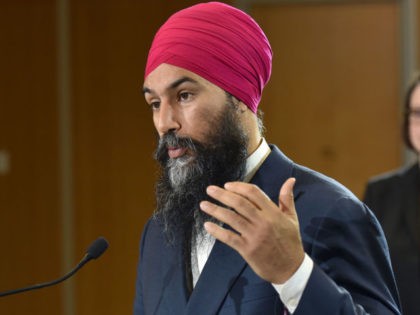 NDP leader Jagmeet Singh, addresses the media at the Creekside Community Recreation Centre in Vancouver during a campaign stop on October 20, 2019. (Photo by Don Mackinnon/AFP via Getty Images)