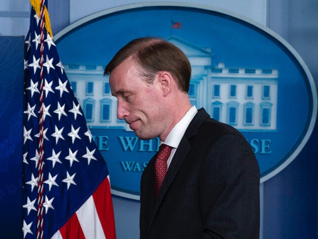 National Security Adviser Jake Sullivan departs after speaking with reporters in the James