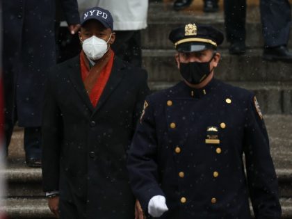 New York City Mayor Eric Adams leaves St. Patrick's Cathedral after the funeral service for NYPD Officer Jason Rivera, Friday, Jan. 28, 2022, in New York. Rivera and his partner, Officer Wilbert Mora, were fatally wounded when a gunman ambushed them in an apartment as they responded to a family …
