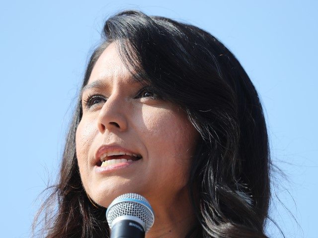 LOS ANGELES, CALIFORNIA - NOVEMBER 11: Democratic presidential candidate U.S. Rep. Tulsi Gabbard (D-HI) speaks during the inaugural Veterans Day L.A. event held outside of the Los Angeles Memorial Coliseum on November 11, 2019, in Los Angeles, California. The stadium's historic torch was lit at the ceremony to mark the …
