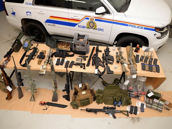 Photo supplied by RCMP on Monday, Jan. 14, 2022, shows a large assortment of weapons and ammunition seized near Coutts during a crackdown near the Canada/U.S. border. PHOTO BY SUPPLIED BY RCMP