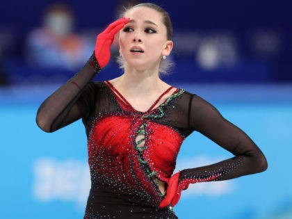 Kamila Valieva of Team ROC reacts during the Women Single Skating Free Skating Team Event on day three of the Beijing 2022 Winter Olympic Games at Capital Indoor Stadium on February 07, 2022 in Beijing, China. (Photo by Lintao Zhang/Getty Images)