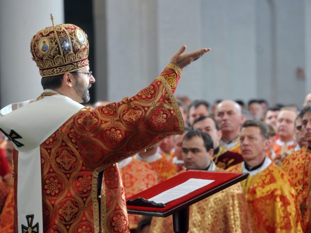 Newly elected Major Archbishop Sviatoslav Shevchuk takes part in his enthronement ceremony as the head of the Ukrainian Greek Catholic Church at the Patriarchal Cathedral in Kiev on March 27, 2011. The election of Shevchuk at the helm of the Ukrainian Greek Catholic Church was confirmed by Pope Benedict XVI …