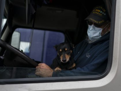 In this April 5, 2020, photo, Ronnie Jackson, of Earlsboro, Okla., wears as face mask in the cab of his semitruck with his dog Shorty on his lap before rolling west from the TA Travel Center truck stop in Foristell, Mo. Jackson wears a face mask to protect himself and …