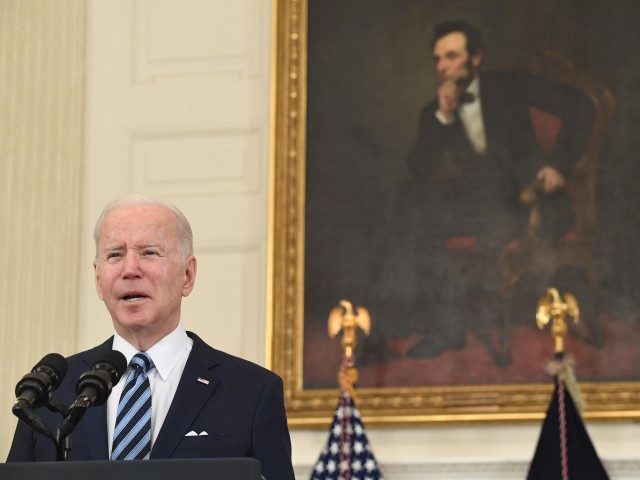 US President Joe Biden speaks about the January jobs report from the State Dining Room of
