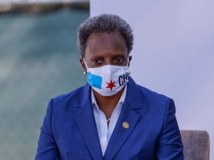 Chicago mayor Lori Lightfoot sits after speaking during the groundbreaking ceremony for the Obama Presidential Center at Jackson Park on September 28, 2021, in Chicago, Illinois. - The 700-million-dollar project has been six years in the making and the center is scheduled to open in 2025.
