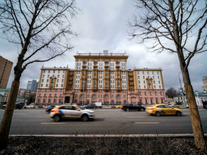 A general view taken on March 18, 2021 shows the US embassy building in Moscow. - Moscow d