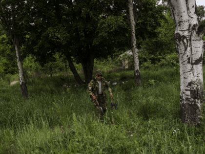 A Pro-Russian militant carrying binoculars and a rifle walks in the woods by a check-point, on the road between Donetsk and Mariupol, eastern Ukraine, on May 25, 2014. Ukrainians turned out en masse Sunday in an election seen as crucial to ending months of bloody upheaval but pro-Russian rebels managed …