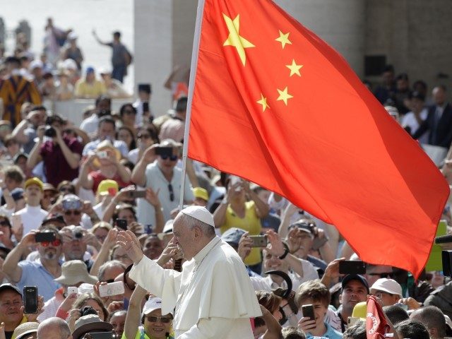 A Chinese flag is waved in the crowd as Pope Francis arrives for his weekly general audien
