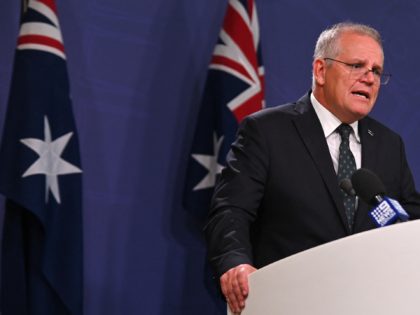 Australia's Prime Minister Scott Morrison speaks to the media to announce sanctions on top Russian officials following the invasion of eastern Ukraine, during a press conference in Sydney on February 23, 2022. (Photo by Steven SAPHORE / AFP) (Photo by STEVEN SAPHORE/AFP via Getty Images)