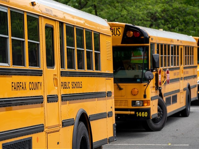 Fairfax County Public School buses set idle at a middle school in Falls Church, Va., Monday, July 20, 2020. (AP Photo/J. Scott Applewhite)