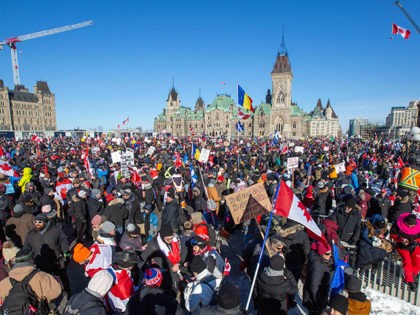 Supporters gather at Parliament Hill for the Freedom Truck Convoy in Ottawa, Canada, on January 29, 2022. (LARS HAGBERG/AFP via Getty Images)