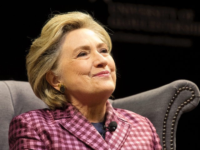 CHELTENHAM, ENGLAND - OCTOBER 15: Hillary Clinton is interviewed by Mariella Frostrup (not