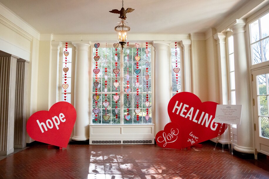 It's Jill Biden's second year decorating the White House with giant Valentine's hearts. President Biden has said that Valentine’s Day is his wife’s favorite holiday. (Erin Scott/White House)