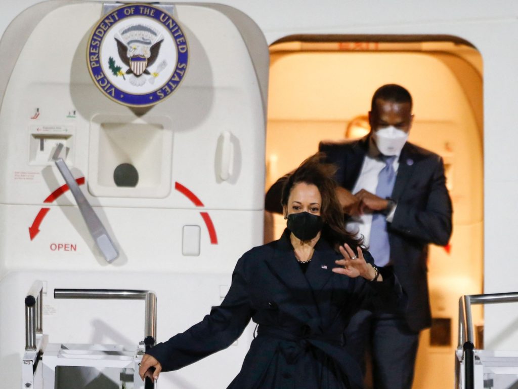 US Vice President Kamala Harris waves as she disembarks the aircraft upon arrival at the airport in Munich, southern Germany, where she will attend the Munich Security Conference, on February 17, 2022. (Photo by MICHAELA REHLE / AFP) (Photo by MICHAELA REHLE/AFP via Getty Images)