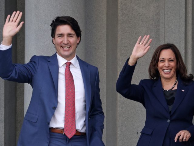 WASHINGTON, DC - NOVEMBER 18: Escorted by U.S. Vice President Kamala Harris, Canadian Prime Minister Justin Trudeau tours the balcony outside Vice President Harris’ ceremonial office at Eisenhower Executive Office Building November 18, 2021 in Washington, DC. Prime Minister Trudeau is in Washington to participate in the first North American …