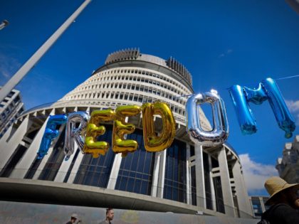 This photo taken on February 15, 2022 shows balloons strung together to read "freedom", in front of the country's parliament (behind) in Wellington, on the eighth day of demonstrations against Covid-19 restrictions. (Photo by Marty MELVILLE / AFP) (Photo by MARTY MELVILLE/AFP via Getty Images)