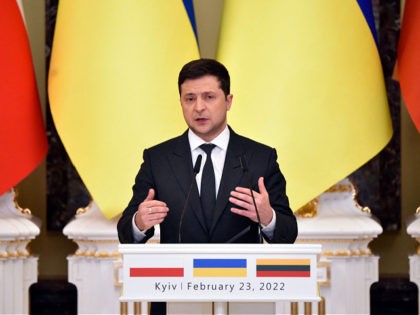 Ukrainian President Volodymyr Zelensky attends a joint press conference with his counterparts from Lithuania and Poland following their talks in Kyiv on February 23, 2022. (Photo by SERGEI SUPINSKY / AFP) (Photo by SERGEI SUPINSKY/AFP via Getty Images)