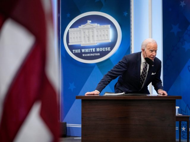 WASHINGTON, DC - FEBRUARY 22: U.S. President Joe Biden participates in a virtual meeting a