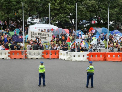 WELLINGTON, NEW ZEALAND - FEBRUARY 11: Police look on during a demonstration at Parliament on February 11, 2022 in Wellington, New Zealand. Anti-vaccine and Covid-19 mandate protesters are slowly being broken up by Police after three days of demonstrations outside Parliament. (Photo by Hagen Hopkins/Getty Images)