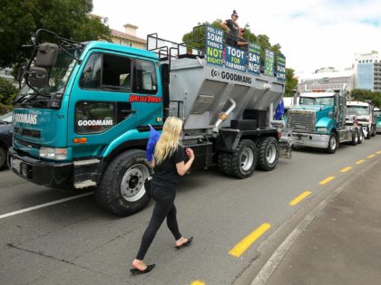 WELLINGTON, NEW ZEALAND - FEBRUARY 08: A protester walks past vehicles blocking Lambton Quayduring a rally at Parliament on February 08, 2022 in Wellington, New Zealand. The protesters were rallying against the New Zealand government's Covid-19 rules and restrictions and vaccine mandate. Convoys of motor vehicles travelled from as far …