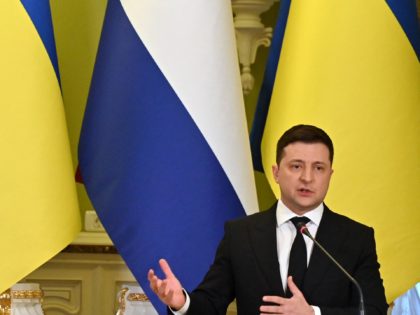 Ukrainian President Volodymyr Zelensky gives a press conference following his meeting with Netherlands' Prime Minister in Kyiv on February 2, 2022. (Photo by Sergei SUPINSKY / AFP) (Photo by SERGEI SUPINSKY/AFP via Getty Images)