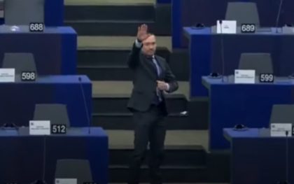 Bulgarian MEP Angel Dzhambazki makes a Nazi salute after addressing the European Parliament, February 17, 2022. (Screengrab/YouTube)