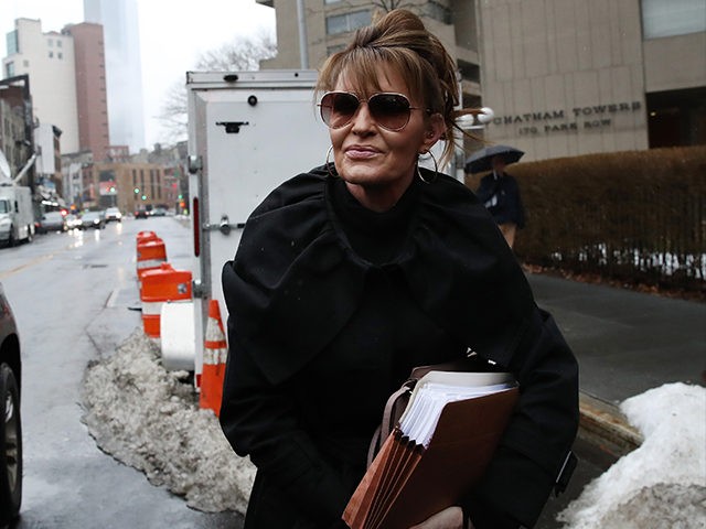 NEW YORK, NEW YORK - FEBRUARY 03: Former Alaska Governor Sarah Palin arrives at a federal court in Manhattan to resume a case against the New York Times after it was postponed because she tested positive for Covid-19 on February 03, 2022 in New York City. Palin, a one-time vice …