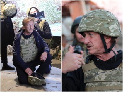 Hollywood actor and producer Sean Penn speaks with servicemen of the Ukrainian Armed Forces at their position near the frontline with Russia-backed separatists in Donetsk region, Ukraine, Thursday, Nov. 18, 2021. Sean Penn came to Ukraine to shoot a film. (Ukrainian Joint Forces Operation Press Service via AP)