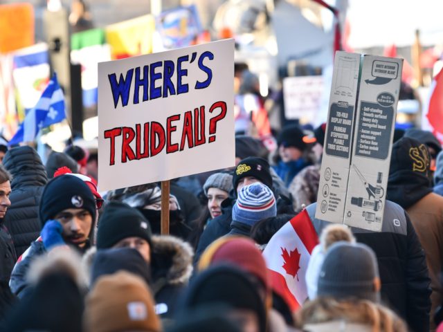 OTTAWA, ON - FEBRUARY 05: A "Where's Trudeau" sign is seen near Parliament Hill on February 5, 2022 in Ottawa, Canada. Truckers continue their rally over the weekend near Parliament Hill in hopes of pressuring the government to roll back COVID-19 public health regulations and mandates. (Photo by Minas Panagiotakis/Getty …