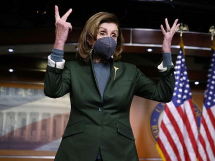 WASHINGTON, DC - FEBRUARY 03: Speaker of the House Nancy Pelosi (D-CA) talks to reporters about her favorite professional sports teams from Northern California at the conclusion of a news conference in the U.S. Capitol Visitors Center on February 03, 2022 in Washington, DC. Pelosi also discussed the Olympics in …
