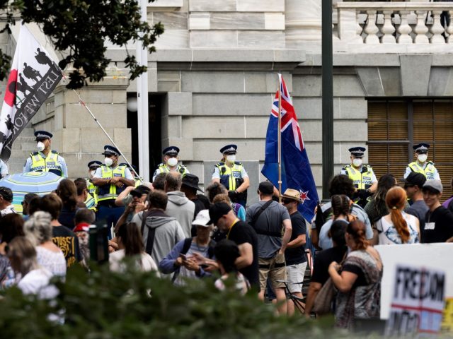 Protesters occupy the grounds around the parliament building in Wellington on February 9, 2022, on the second day of demonstrations against Covid restrictions, inspired by a similar demonstration in Canada. (Photo by Marty MELVILLE / AFP) (Photo by MARTY MELVILLE/AFP via Getty Images)