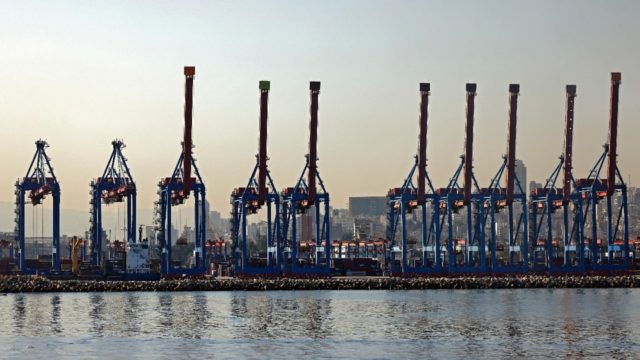 Cranes are pictured on October 26, 2020 at the Beirut port