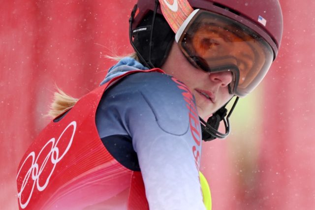 Mikaela Shiffrin after she crashed out of the alpine combined event at the Beijing Olympic