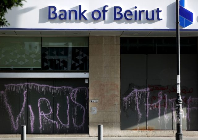 Graffiti dubbed on the exterior of a Bank of Beirut branch; Lebanese lenders are widely bl