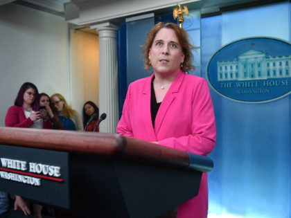 Jeopardy champion Amy Schneider speaks in the James S. Brady Press Briefing Room of the Wh